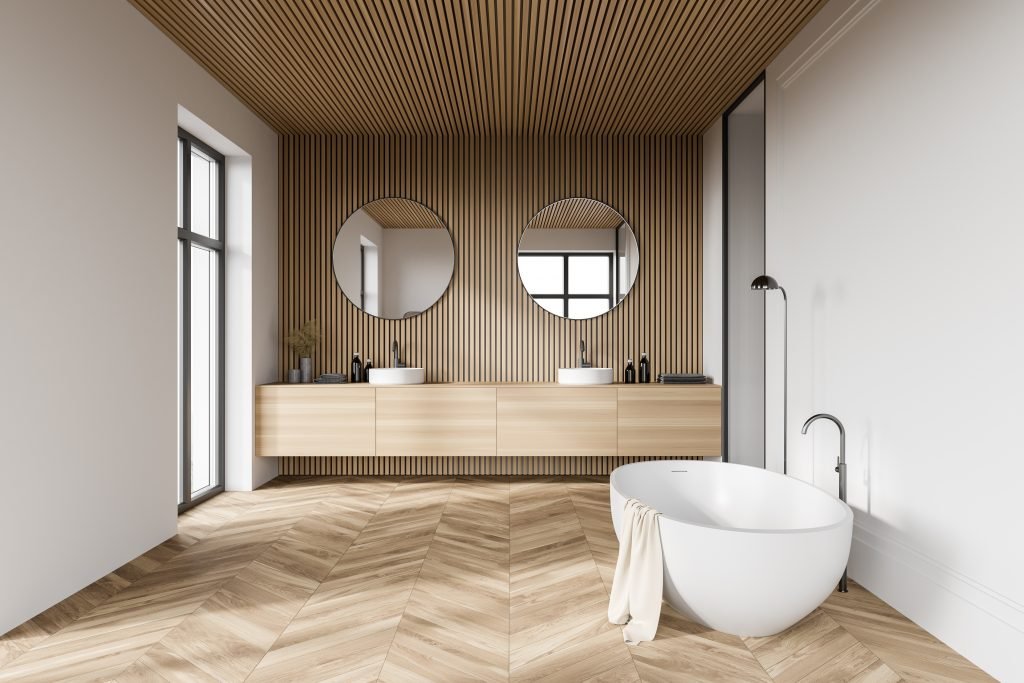 luxurious modern bathroom with two sinks and a bathtub
