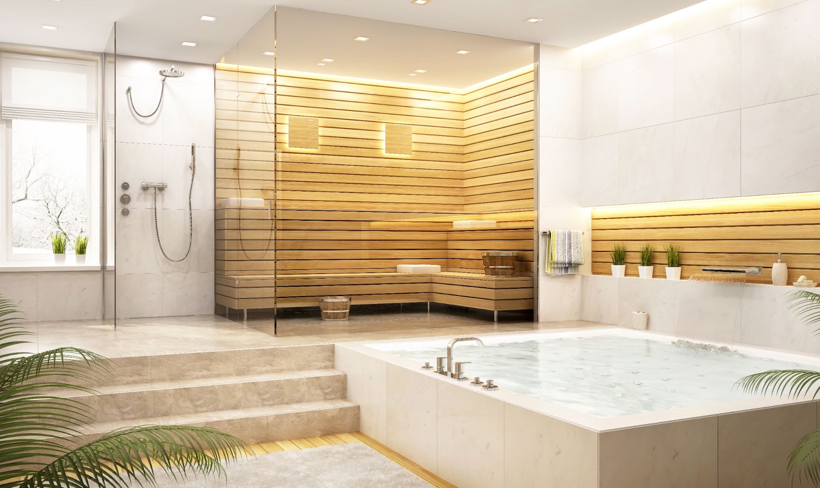 a luxurious bathroom in a mansion in south carolina with an advanced steam room and a large hot tub with water in it